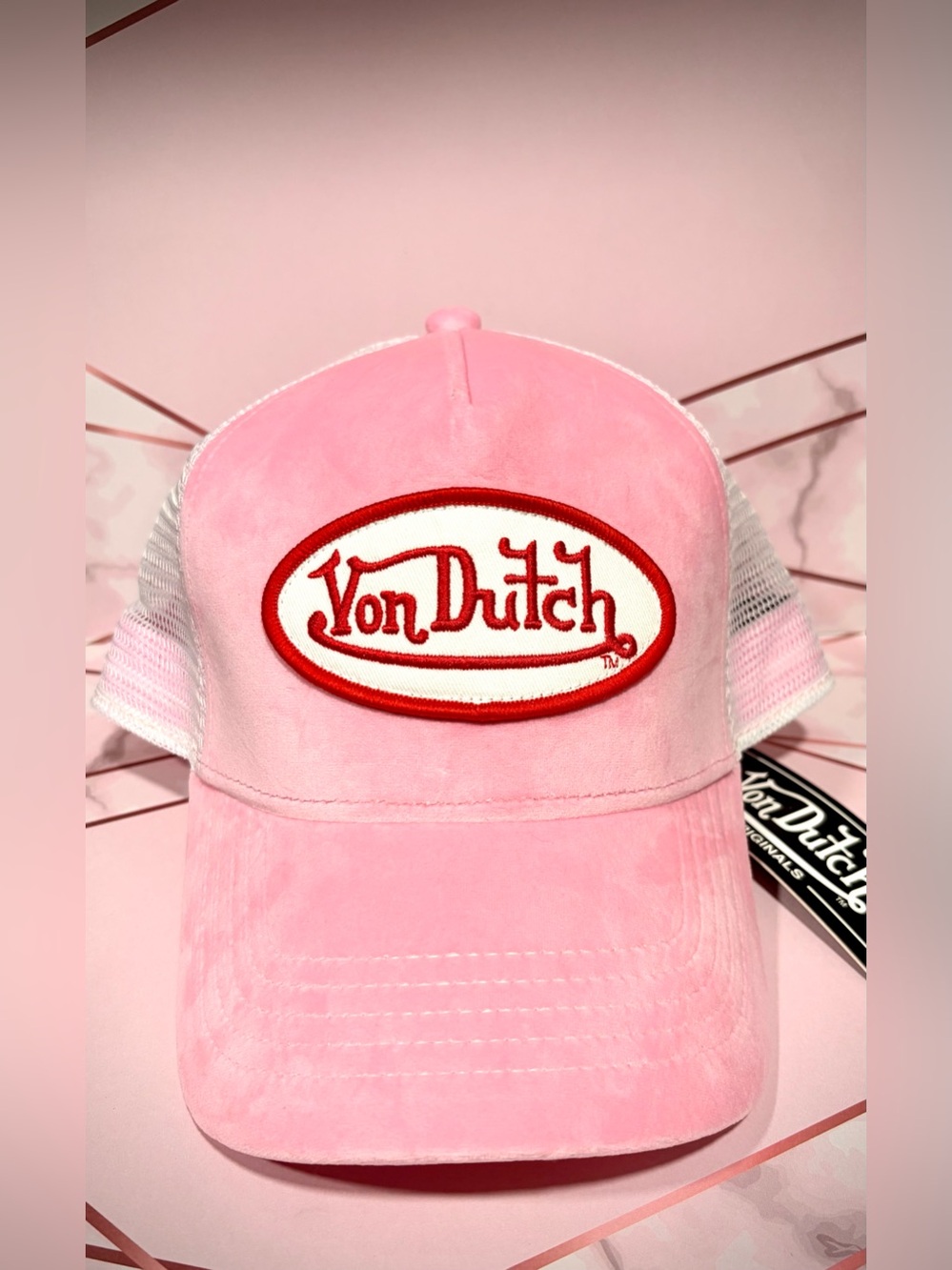 Y2K Von Dutch Pink Velvet Trucker Hat with Red Logo